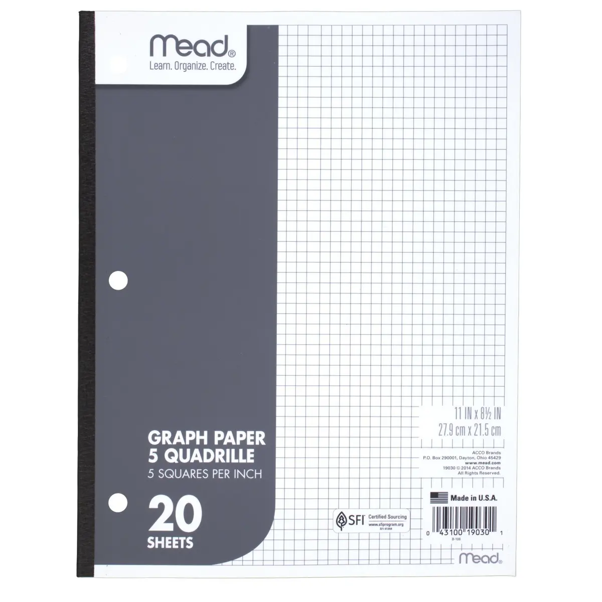 Mead Graph Paper Pad, Quadrille, 5 Squares per Inch, 8-1/2" x 11" | 20 Sheets for Math & Art - main product image