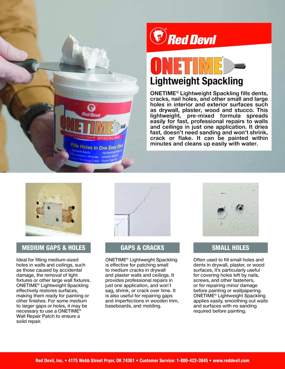 Red Devil 0548 ONETIME Lightweight Spackle Wall Repair 473ml (1 Pint) | No-Sand Formula for Drywall, Plaster, Wood - view 4