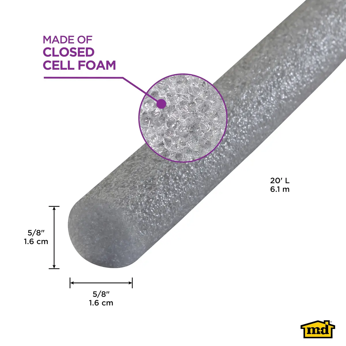 M-D Building Foam Backer Rod, Gray, 20ft x 5/8in for Large Gaps | Weatherproof Sealant Support - view 2