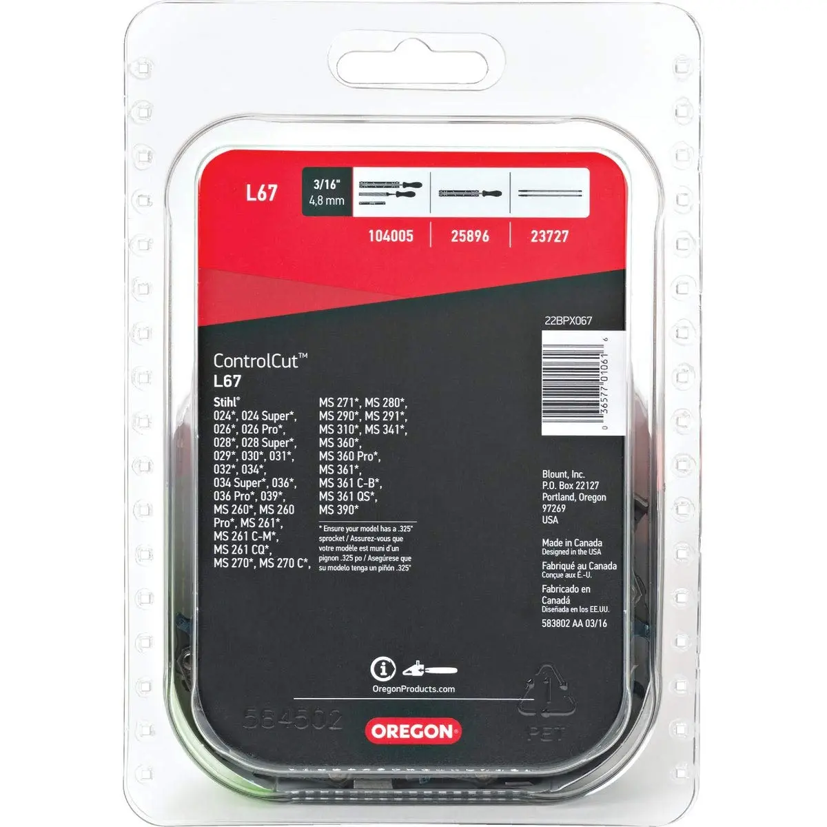 Oregon Chainsaw Chain for 16" Bar, .325" Pitch, .063" Gauge, 67 Drive Links | Durable, U.S.-Made - view 2