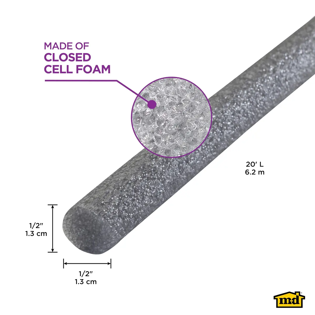 M-D Building Foam Backer Rod, Gray, 1/2in x 20ft for Medium Gaps | Weather-Resistant Foam Sealant - view 2