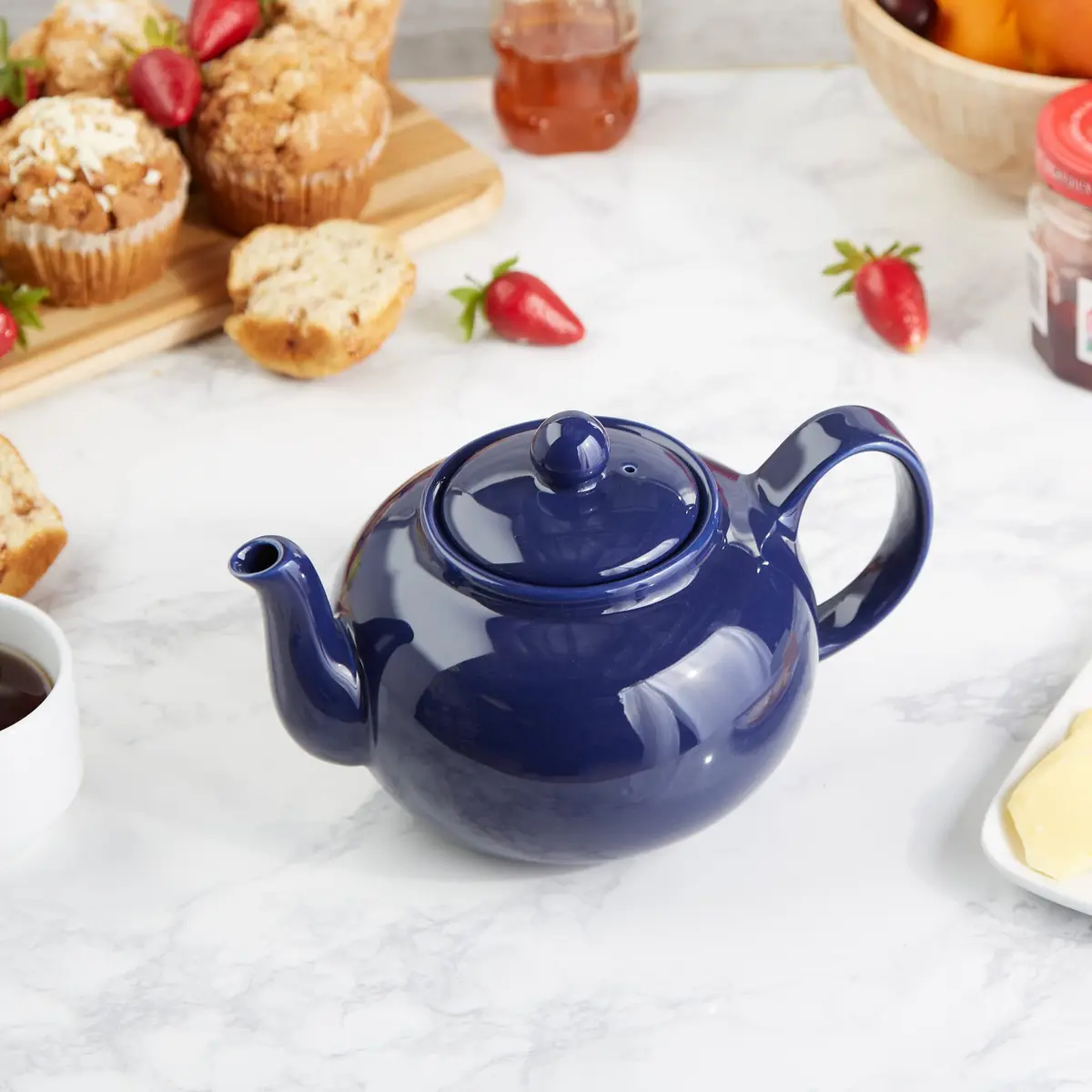 RSVP Large Stoneware 6-Cup Teapot, Blue | 42 oz capacity, Seamless & Microwave Safe - view 4