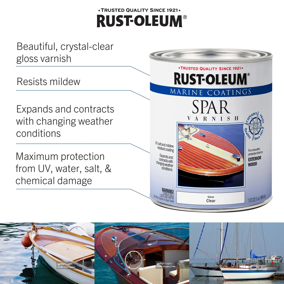 Rust-Oleum Marine Spar Varnish Gloss Clear Quart | Superior Exterior Wood Protection Above Waterline - view 3