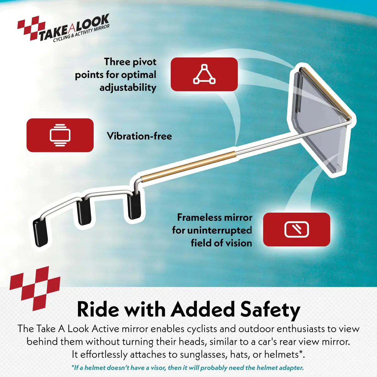Take A Look Cycling Mirror – Low-Tech Rearview Mirror for Bikes – Fits Helmet & Sunglasses – Shatter-Resistant Polycarbonate Lens, Anti-Vibration Stainless-Steel & Brass, Always On (Left-Side) - view 2