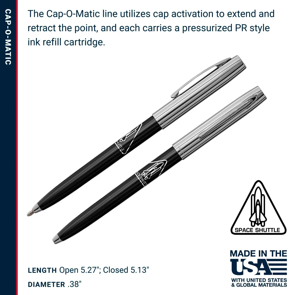 Fisher Space Pen Chrome Space Shuttle Imprint Cap-O-Matic Pen | Writes Upside Down & Extreme Temperatures - view 6