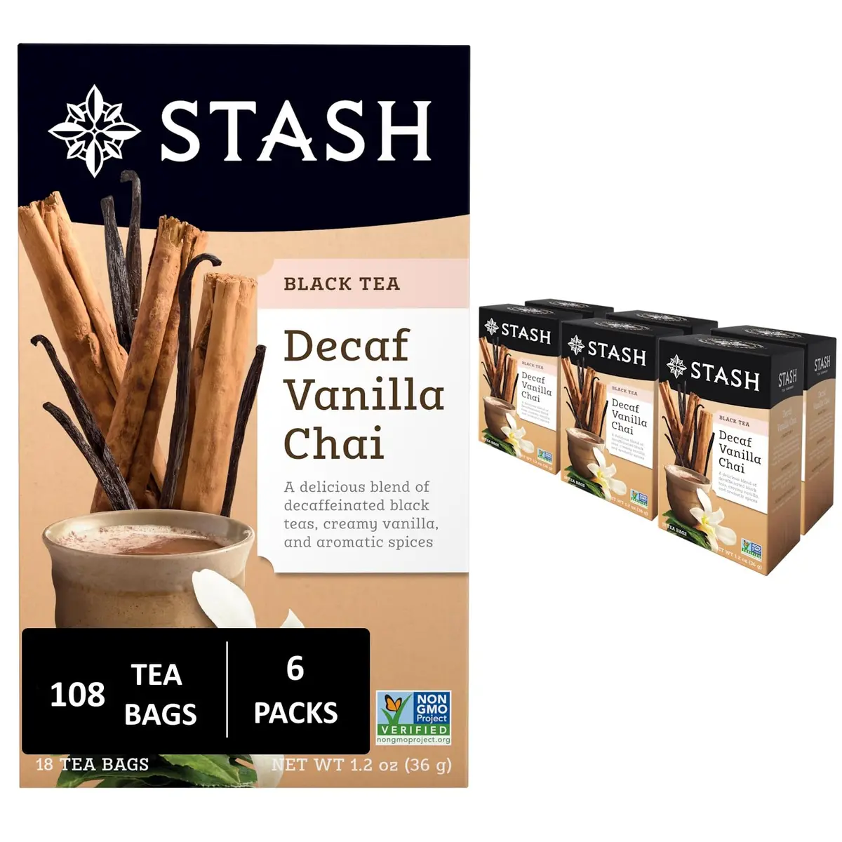 Stash Decaf Vanilla Chai Black Tea, 108 Bags | Rich, Decaffeinated & Cozy (70-120 chars) - main product image