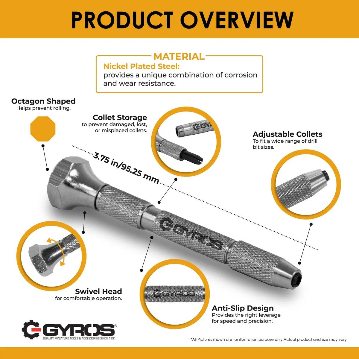 Gyros Swivel Head Pin Vise Hand Drill 0"-1/8" | Precision Jewelry & Hobby Tool - view 2