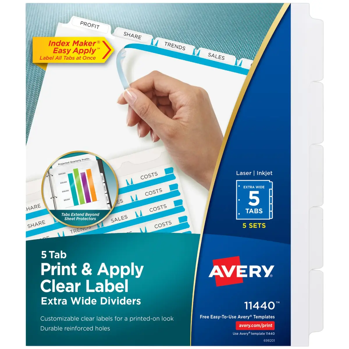 Avery 5-Tab Extra Wide Binder Dividers, White, 5 Sets (25 Dividers Total) | Organize Documents & Presentations with Easy Apply Labels - main product image