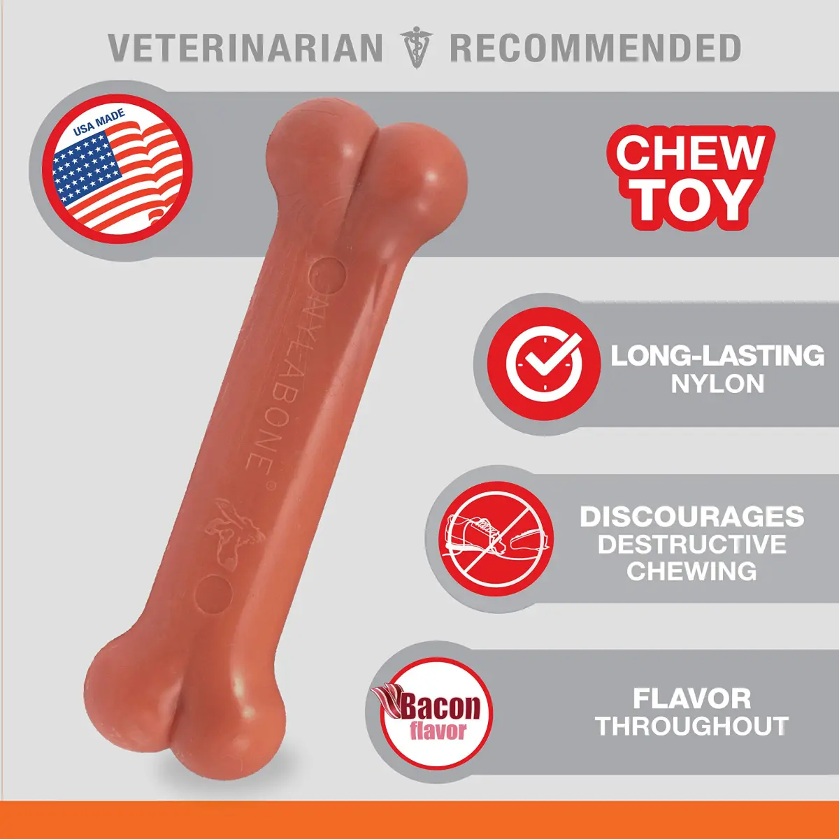 Nylabone Power Chew Classic Bone Dog Toy, Bacon Flavor, Medium (170g / 6oz) | Durable Chew Toy for Aggressive Chewers - view 4