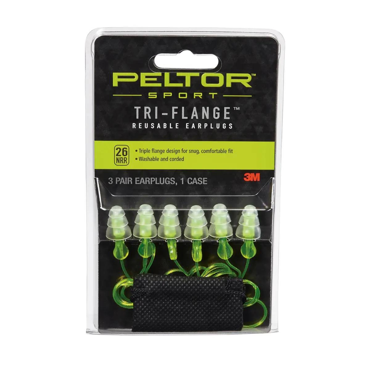 Peltor Sport Tri-Flange Corded Reusable Earplugs 3-Pairs | 26dB Noise Reduction - main product image