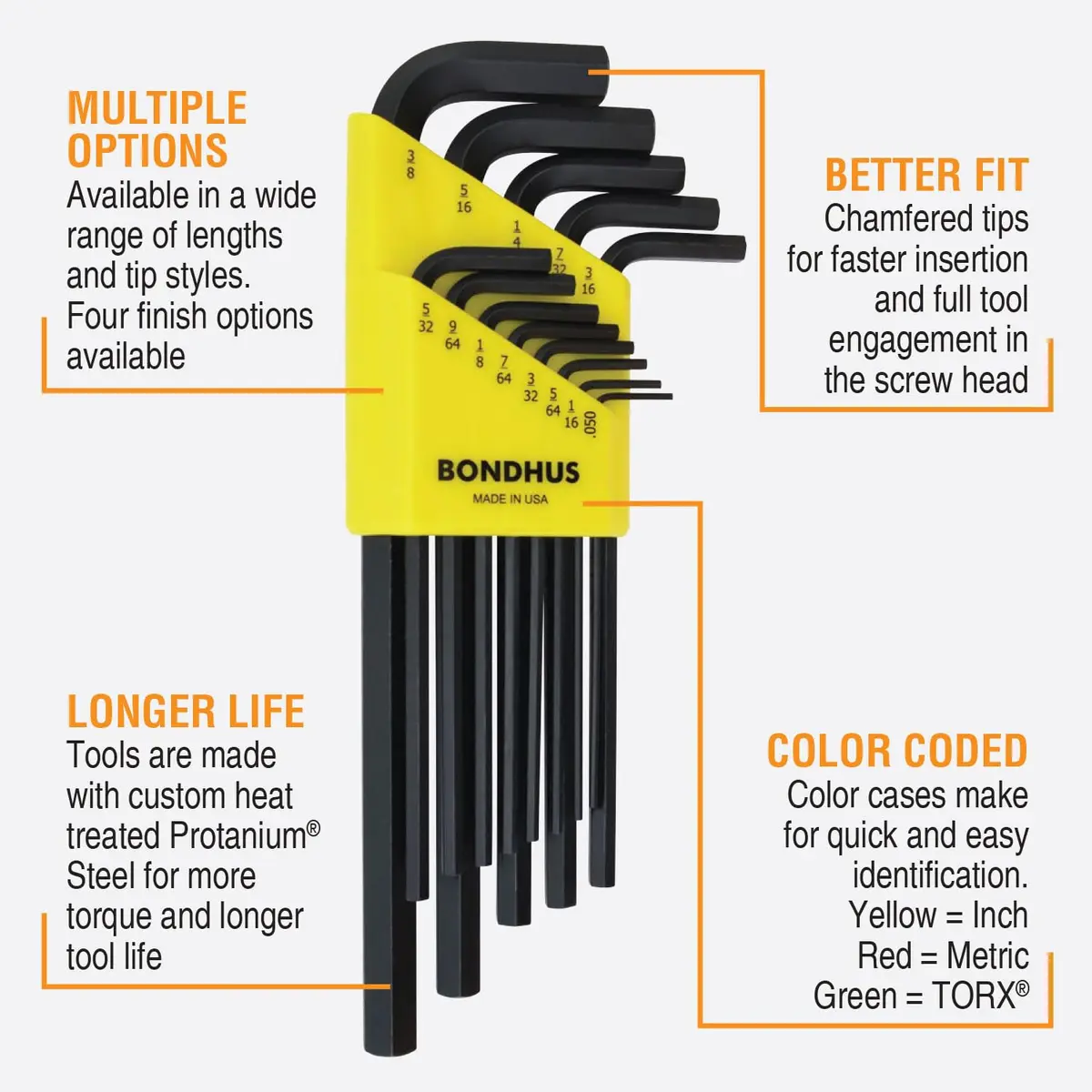 Bondhus 22199 Hex L-Wrench Set, Long Length, 1.5-10mm & 0.050-3/8" | Protanium Steel - view 2