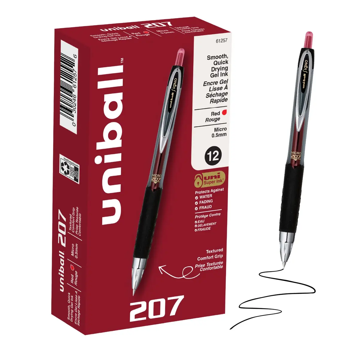 Uni-Ball 207 Gel Pens, Red Ink, 0.5mm Micro Point, Retractable, 12 Count | Precise, Water-Resistant Writing - main product image