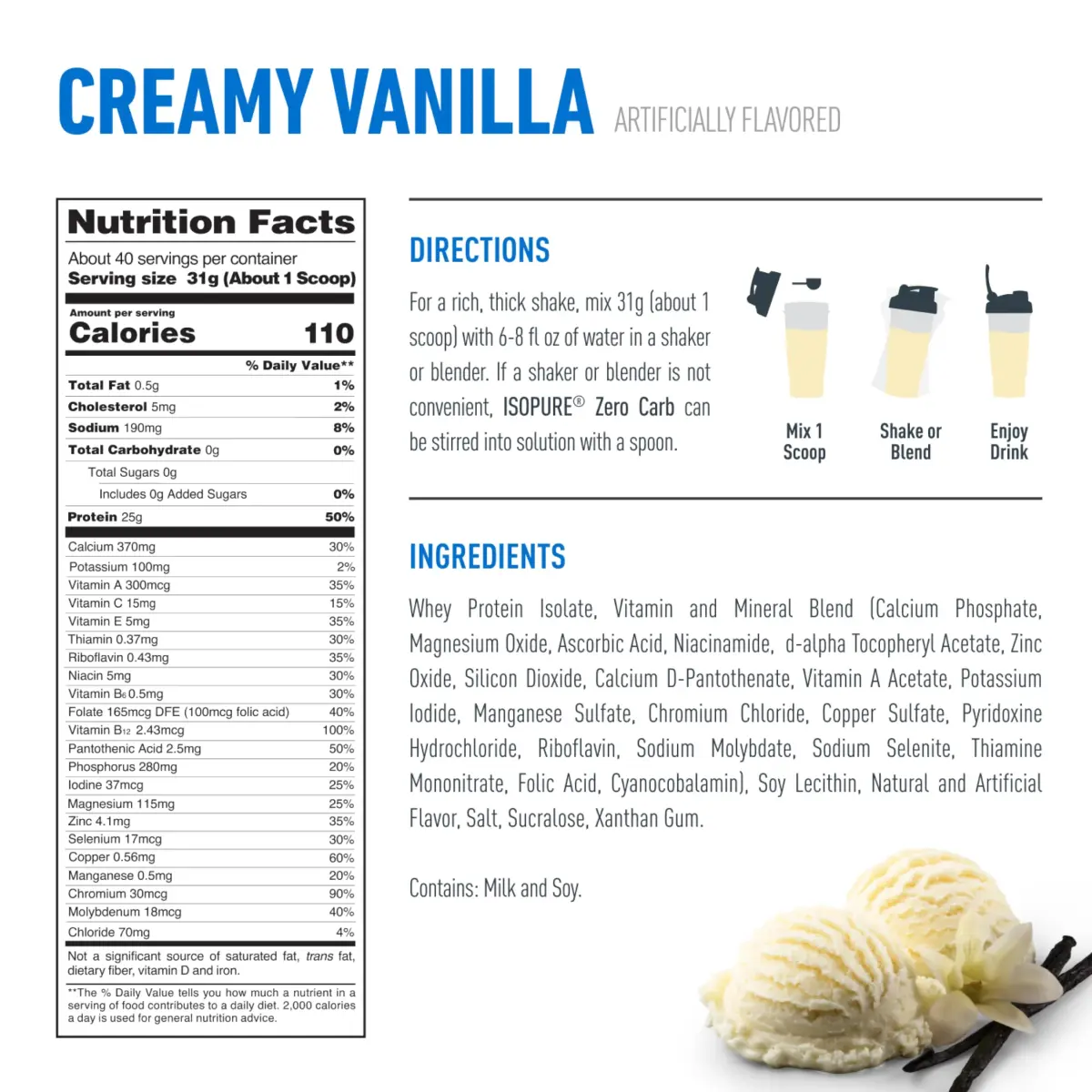 Isopure Zero Carb Whey Protein Isolate Powder Creamy Vanilla 1.36 kg (3 LB) | 25g Protein Per Serving, Gluten & Lactose Free - view 7
