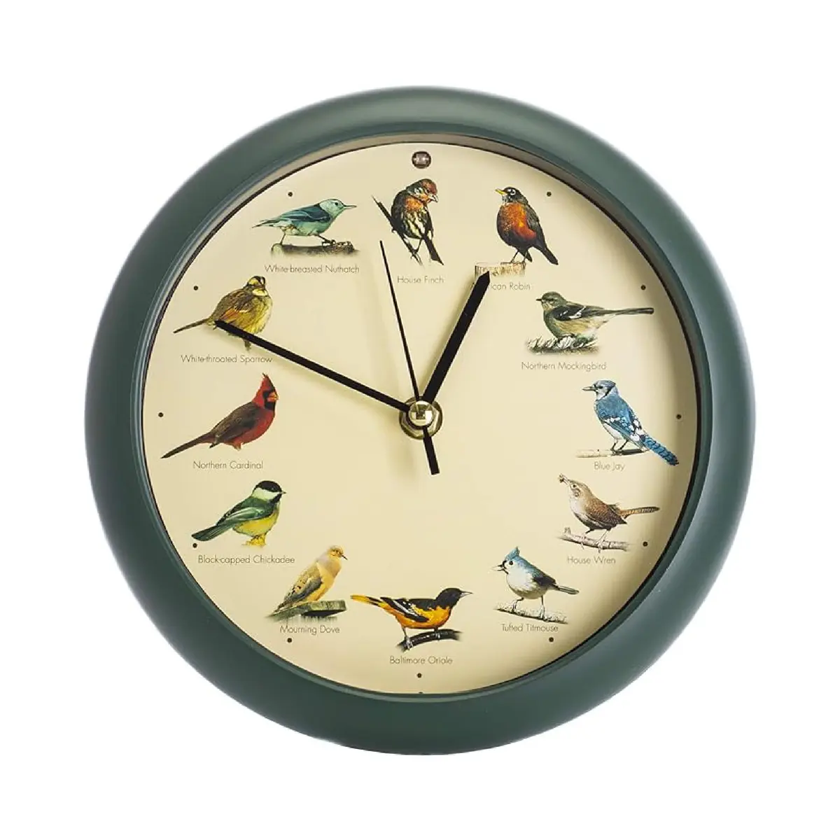 Mark Feldstein & Associates Green Singing Bird Clock 8 inch (20.3 cm) | 12 Real Bird Songs Hourly, Silent After Dark - main product image