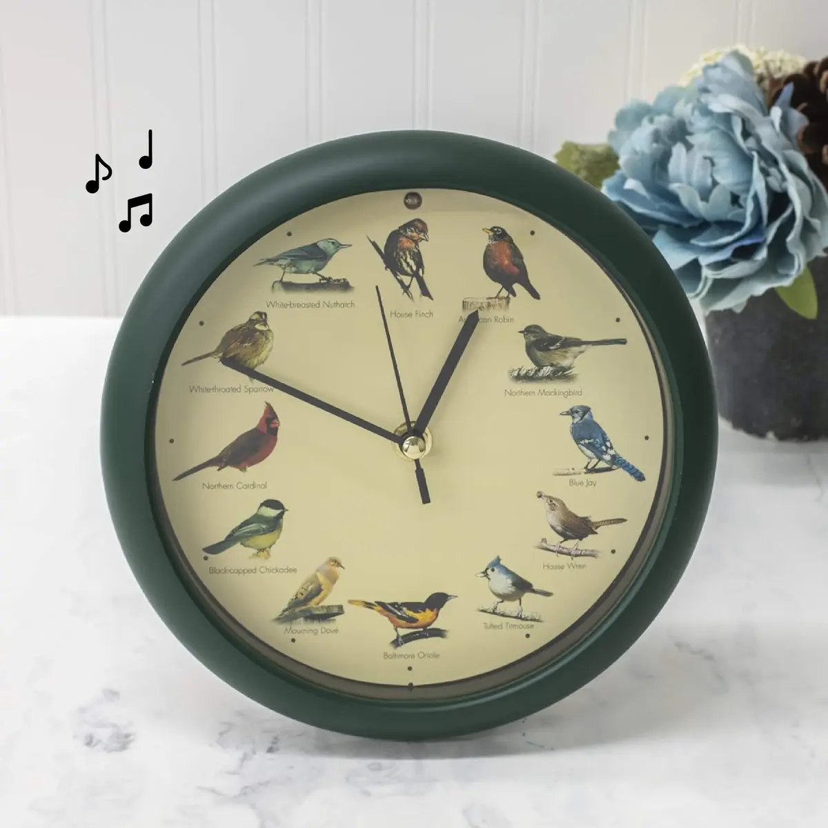 Mark Feldstein & Associates Green Singing Bird Clock 8 inch (20.3 cm) | 12 Real Bird Songs Hourly, Silent After Dark - view 7