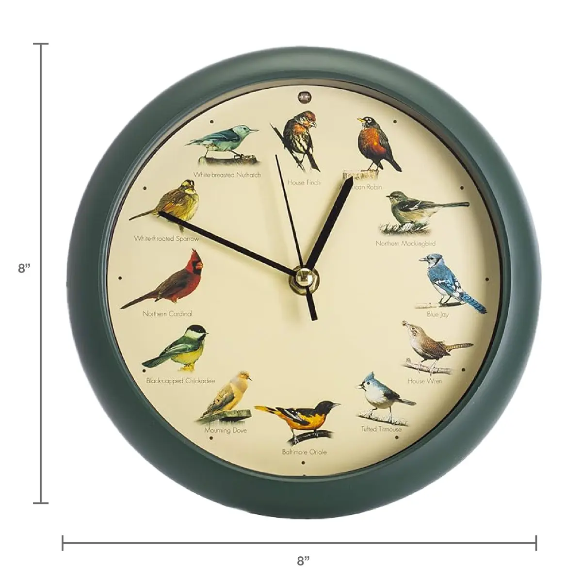 Mark Feldstein & Associates Green Singing Bird Clock 8 inch (20.3 cm) | 12 Real Bird Songs Hourly, Silent After Dark - view 2