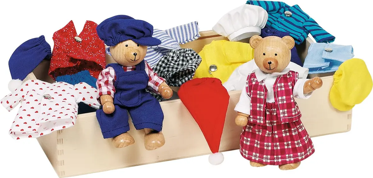 Goki Flexible Bears Benna & Bennoh Hand Puppets with Wardrobe 12 cm (4.7 inches) | Interactive Wooden Toy for Kids - main product image