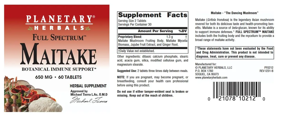 Planetary Herbals Full Spectrum Maitake, 650 mg | Botanical Immune Support, 60 Tablets - view 4
