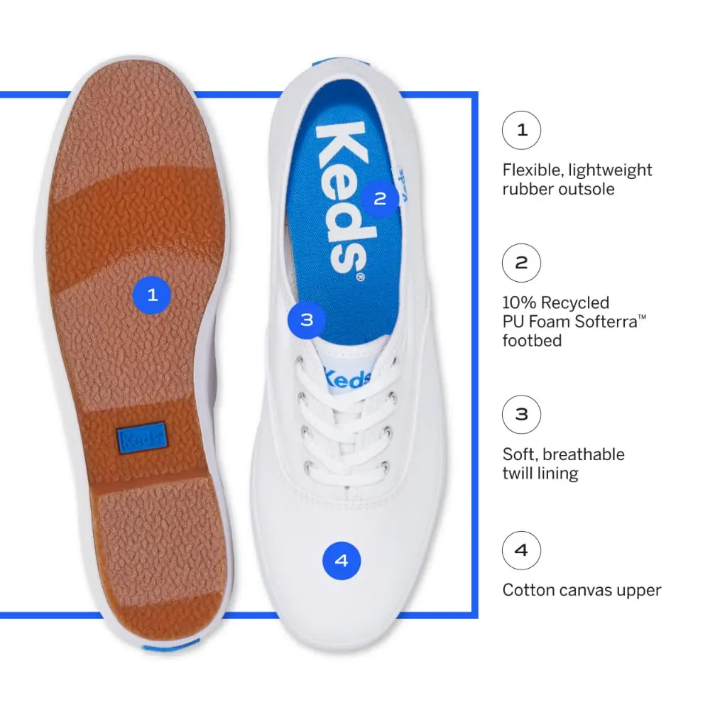 Keds Champion Canvas Lace-Up Sneakers, White, US Size 9 | Classic Low-Top Style with Breathable Cotton Canvas - view 7