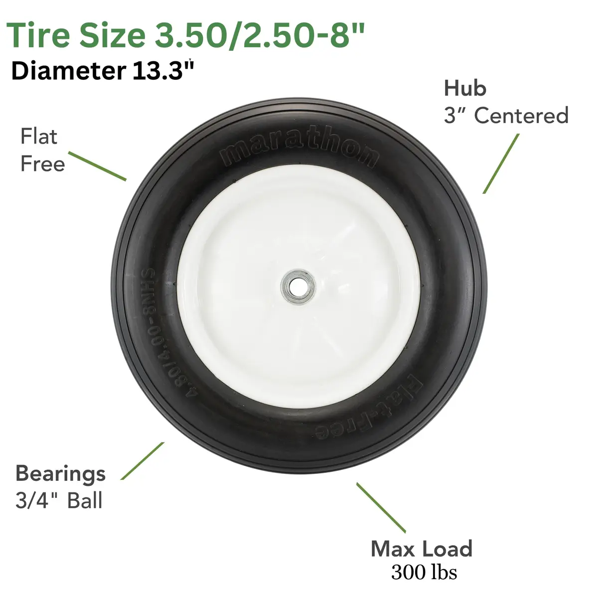 Marathon 3.50/2.50-8 Flat Free Replacement Wheel on Wheel, Ribbed Tread, 3" Hub, 3/4" Bearings | Load 300 lb - view 3