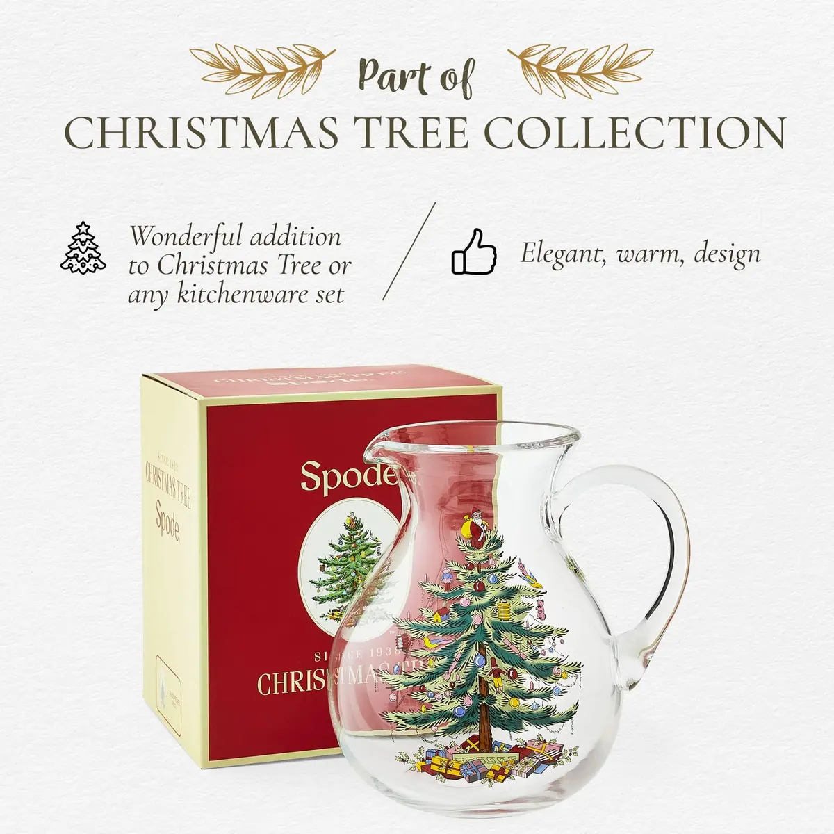 Spode Christmas Tree Glass Pitcher with Handle, 96 Oz | Festive Holiday Decor & Serving - view 5