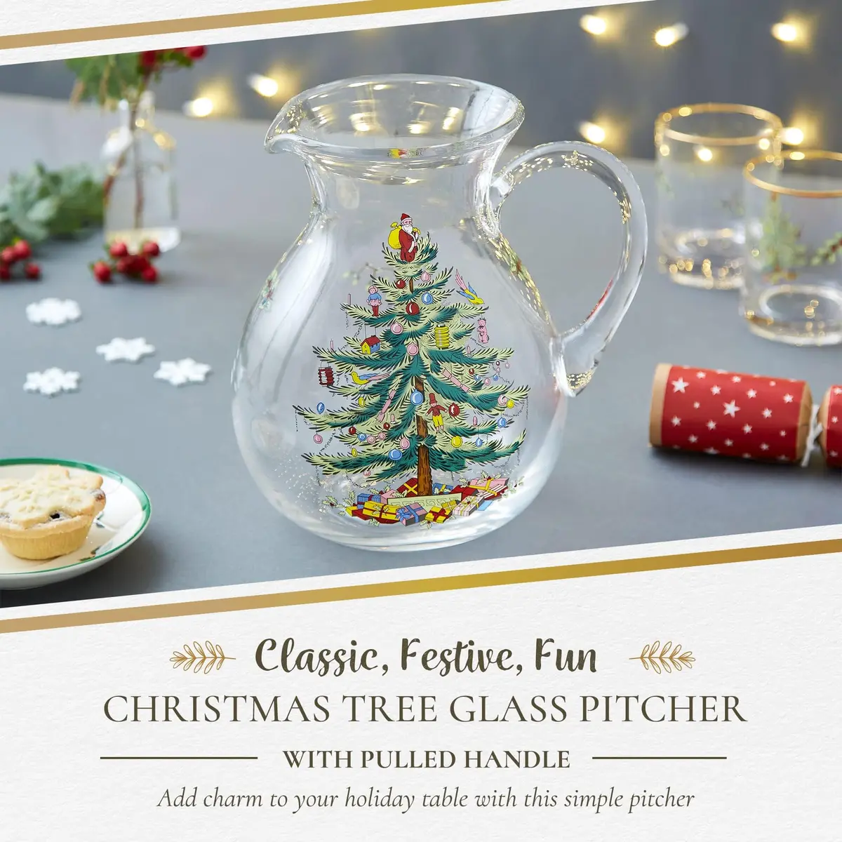 Spode Christmas Tree Glass Pitcher with Handle, 96 Oz | Festive Holiday Decor & Serving - view 3