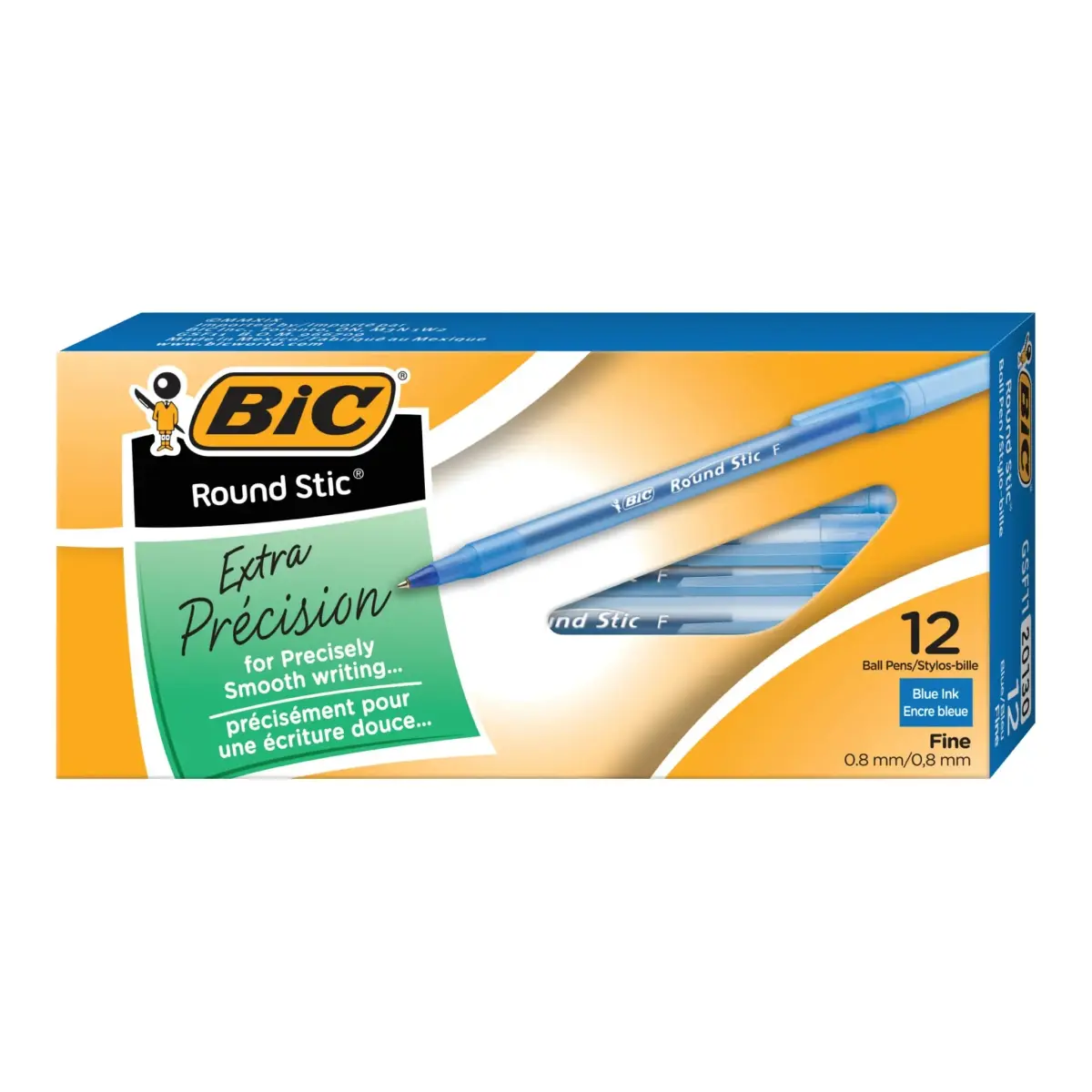 BIC Round Stic Xtra Precision Ballpoint Pen, Fine Point (0.8mm), Blue, 12-Count | Writes the First Time, Every Time - main product image