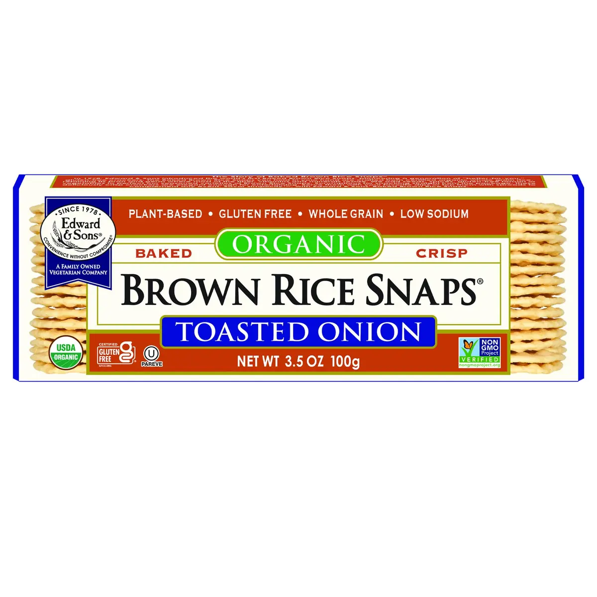 Edward & Sons Organic Toasted Onion Brown Rice Snaps - 3.5 Oz (Pack of 12) | Oven Baked, Whole Grain, Gluten Free - main product image