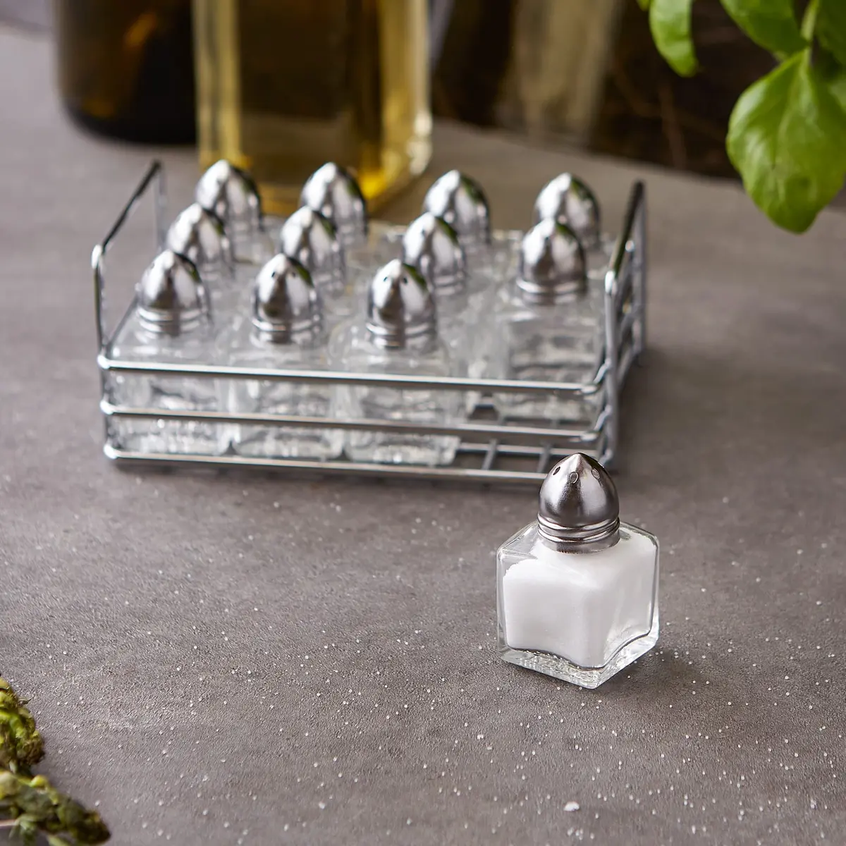 RSVP International Mini Glass Salt & Pepper Shaker Set with Holder, 12 Shakers, Chrome & Stainless Steel, 0.5 oz (15 ml) Capacity - view 4