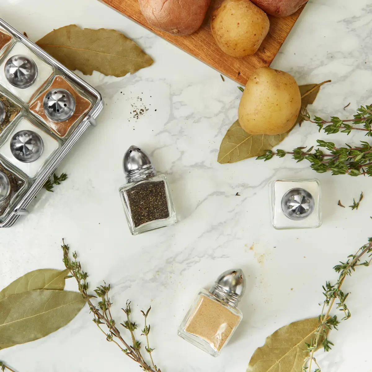RSVP International Mini Glass Salt & Pepper Shaker Set with Holder, 12 Shakers, Chrome & Stainless Steel, 0.5 oz (15 ml) Capacity - view 5