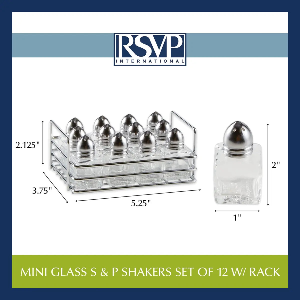 RSVP International Mini Glass Salt & Pepper Shaker Set with Holder, 12 Shakers, Chrome & Stainless Steel, 0.5 oz (15 ml) Capacity - view 6