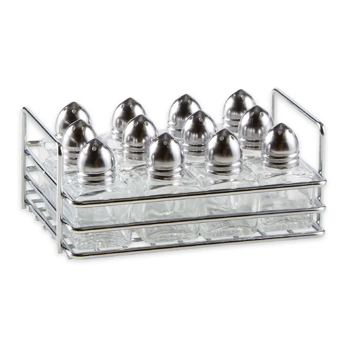 RSVP International Mini Glass Salt & Pepper Shaker Set with Holder, 12 Shakers, Chrome & Stainless Steel, 0.5 oz (15 ml) Capacity - main product image