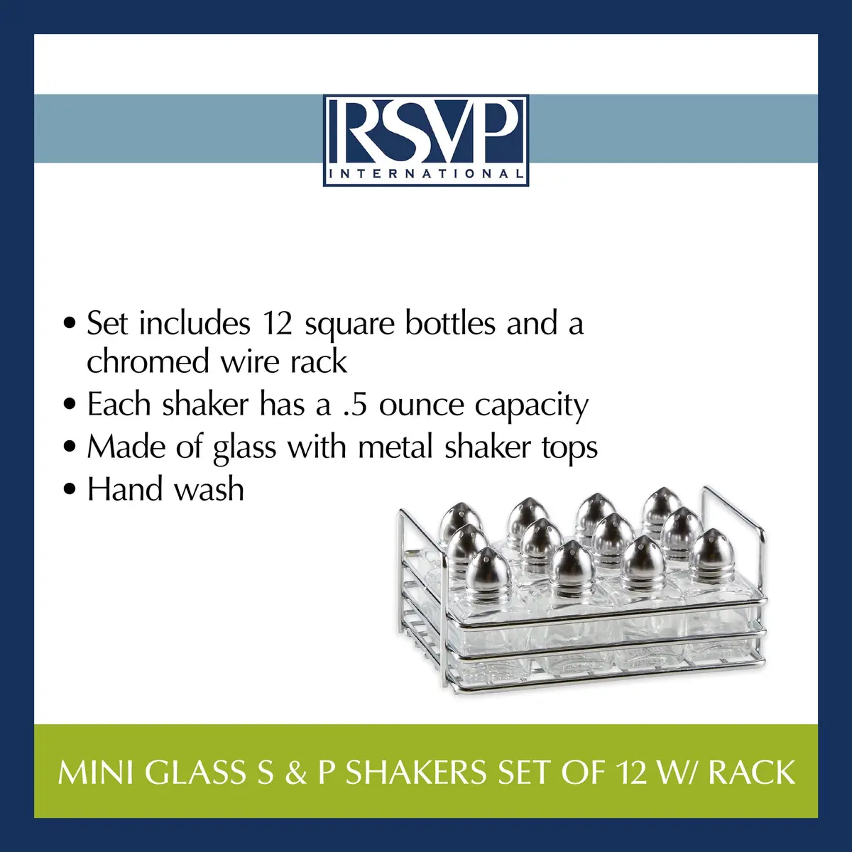 RSVP International Mini Glass Salt & Pepper Shaker Set with Holder, 12 Shakers, Chrome & Stainless Steel, 0.5 oz (15 ml) Capacity - view 7