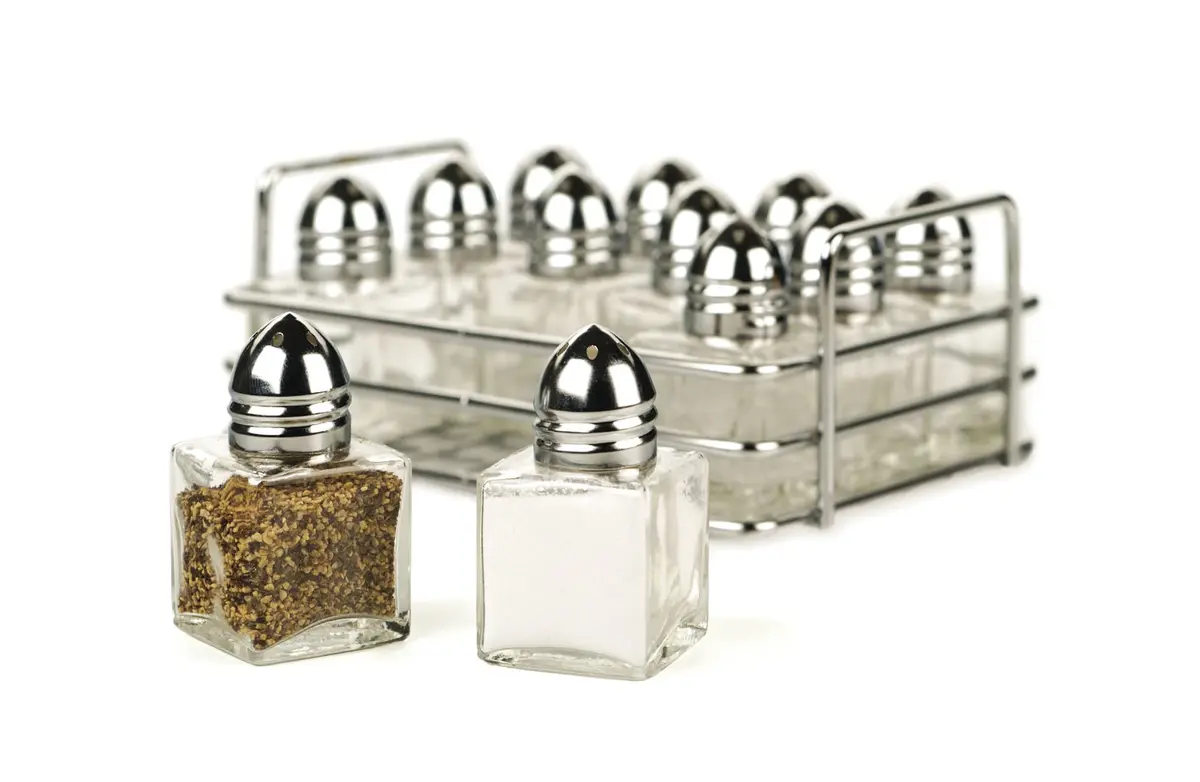 RSVP International Mini Glass Salt & Pepper Shaker Set with Holder, 12 Shakers, Chrome & Stainless Steel, 0.5 oz (15 ml) Capacity - view 3