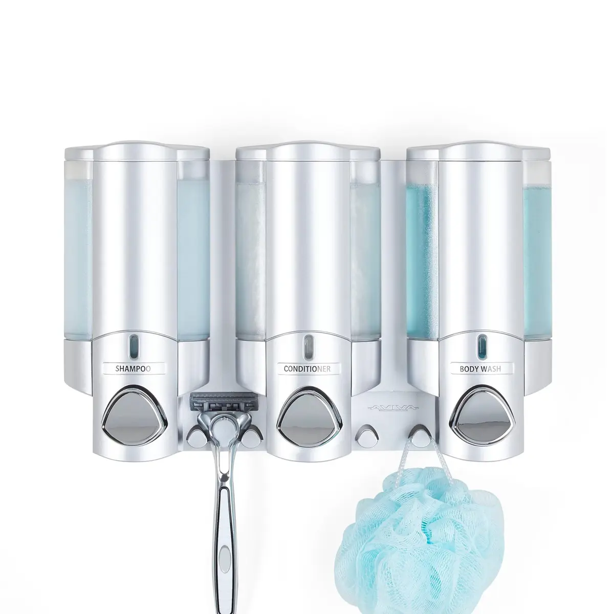 Better Living Aviva Wall Mount Shower Dispenser, 3 x 11 oz, Satin Silver | 3 Chamber, Waterproof ABS - main product image