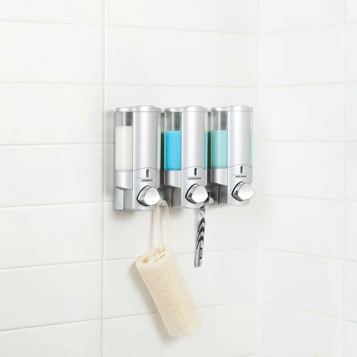 Better Living Aviva Wall Mount Shower Dispenser, 3 x 11 oz, Satin Silver | 3 Chamber, Waterproof ABS - view 4
