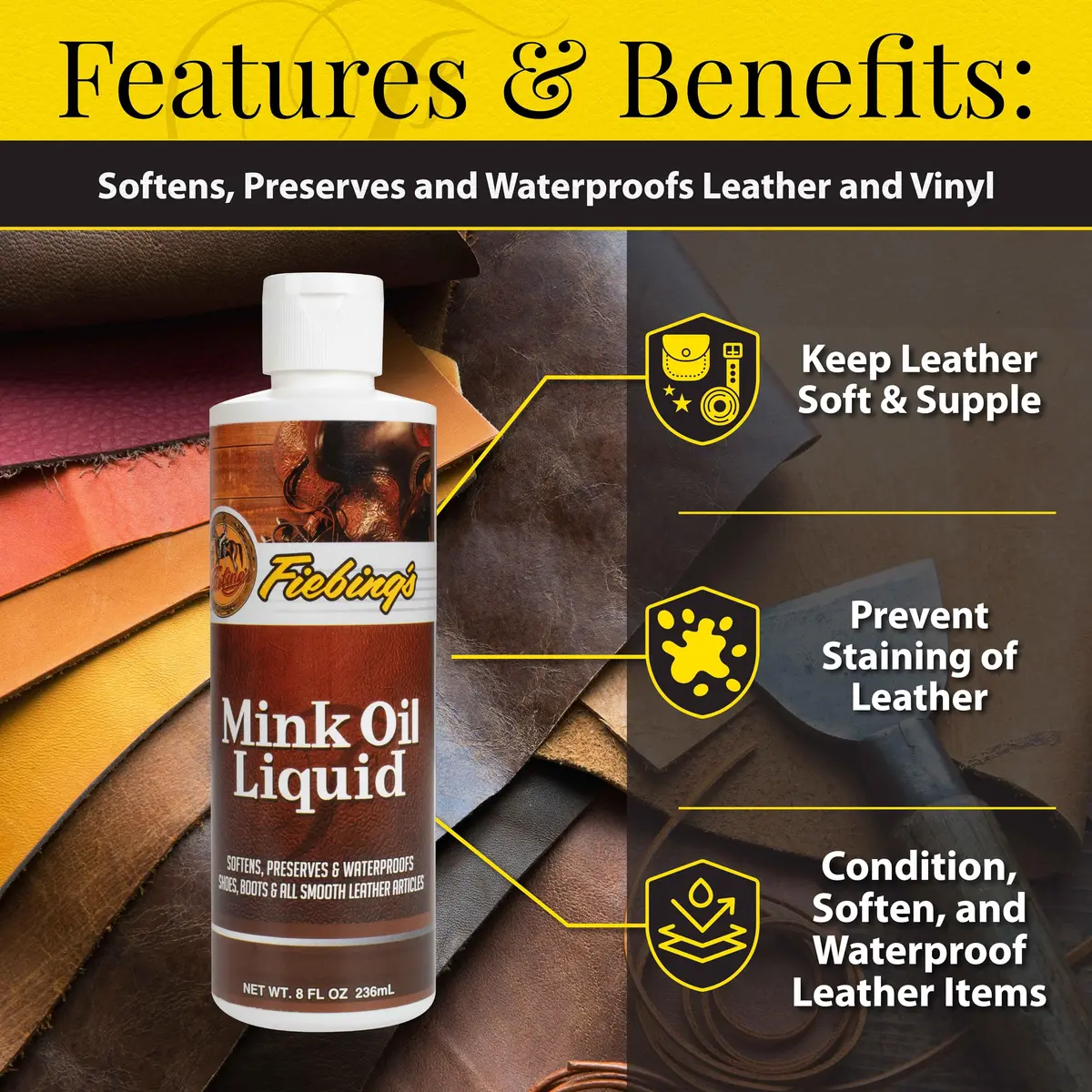 Fiebing's Liquid Mink Oil for Leather Boots 8 oz | Waterproof Leather Conditioner & Cleaner - view 2