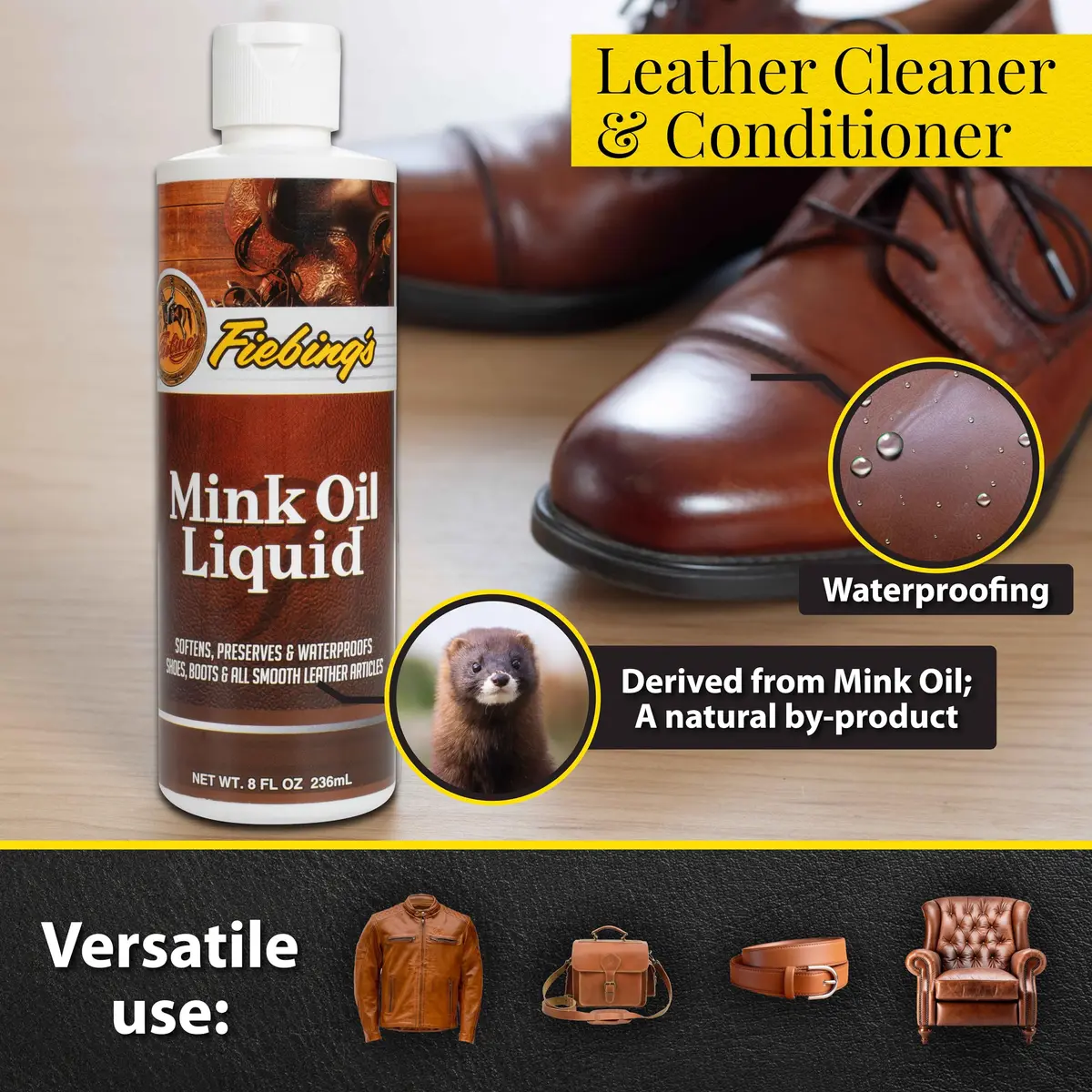 Fiebing's Liquid Mink Oil for Leather Boots 8 oz | Waterproof Leather Conditioner & Cleaner - view 3