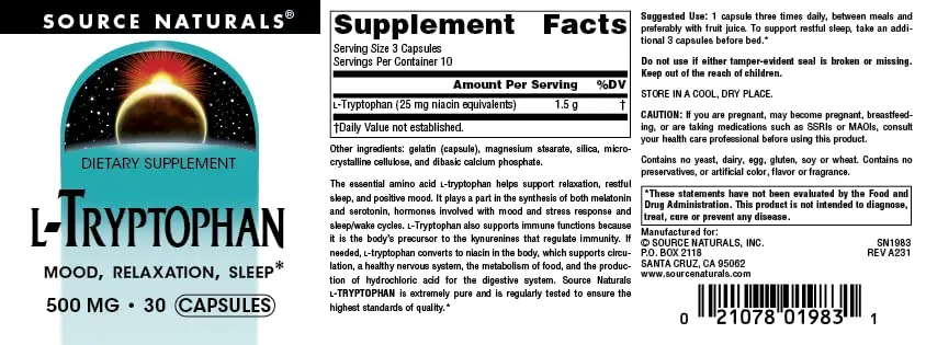 Source Naturals L-Tryptophan 500mg | Supports Restful Sleep & Mood (70-120 chars) - view 4