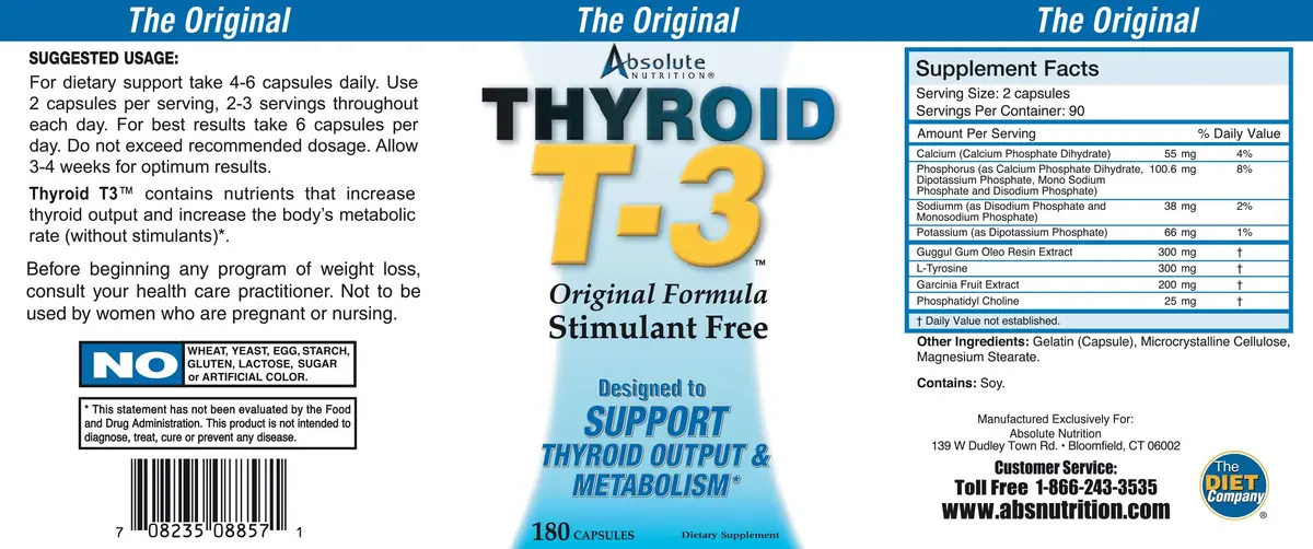 Absolute Nutrition Thyroid T-3 Support Capsules 180 | Supports Healthy Thyroid Function - view 2