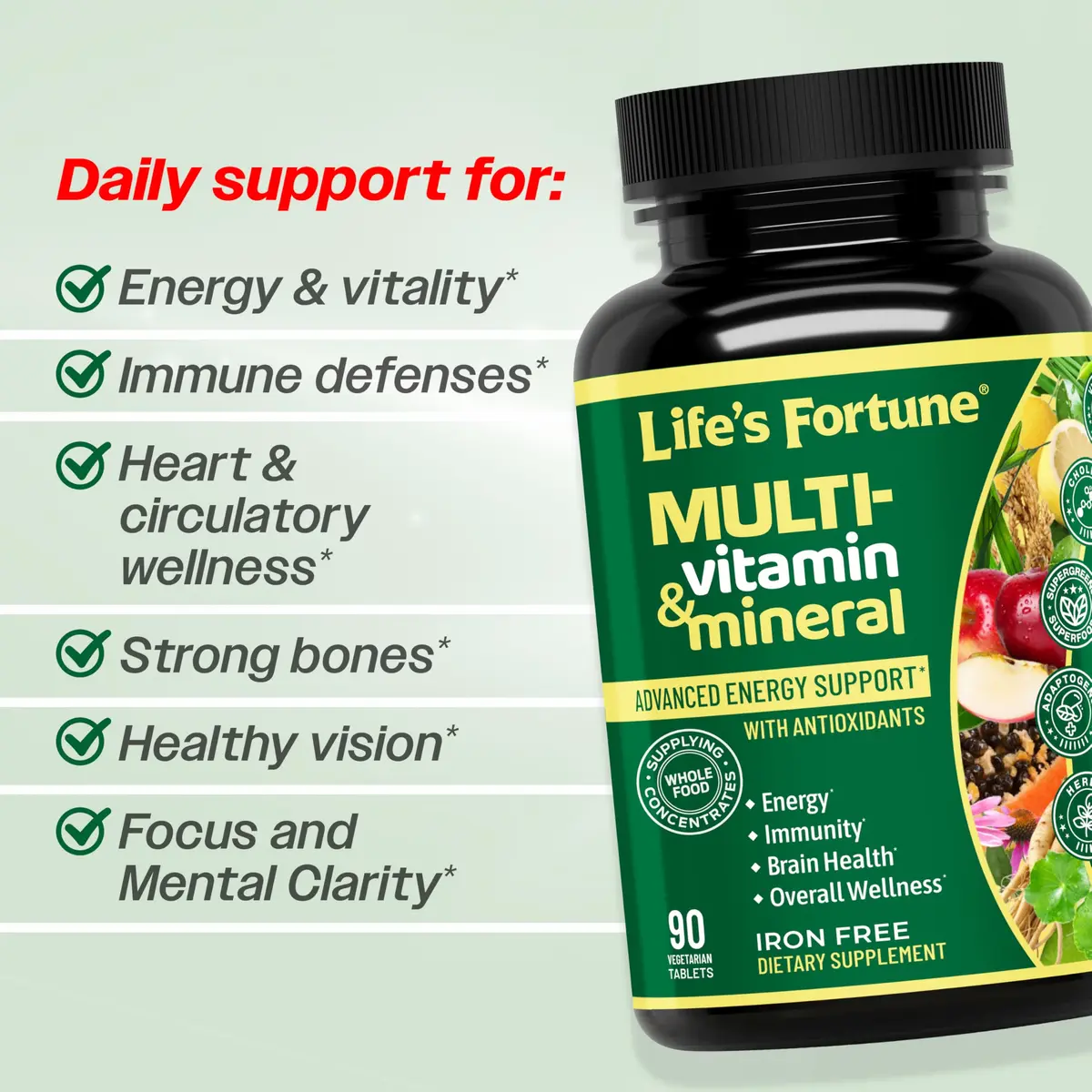 Life's Fortune Whole Food Multivitamin & Mineral Supplement for Men & Women – Energy Support Vitamins for Immune, Brain & Metabolism Support – Iron Free, 90 Vegetarian Tablets - view 3