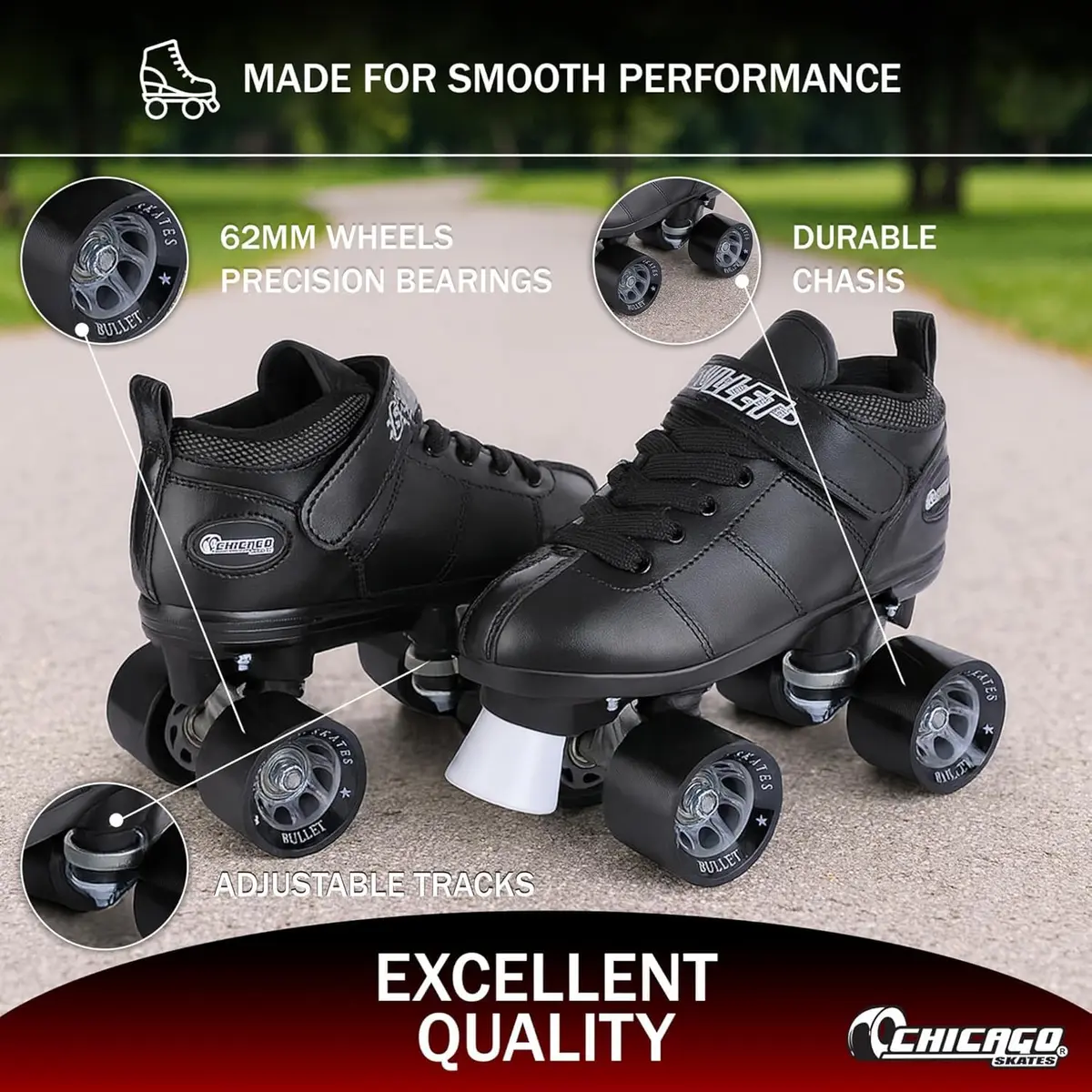 Chicago Skates Bullet Speed Roller Skates – Adjustable Quad Roller Skates Women Men, Durable Top Performance with Front Stopper, 62mm Urethane Wheels, Low-Cut Ankle Boot, Indoor Outdoor - view 4