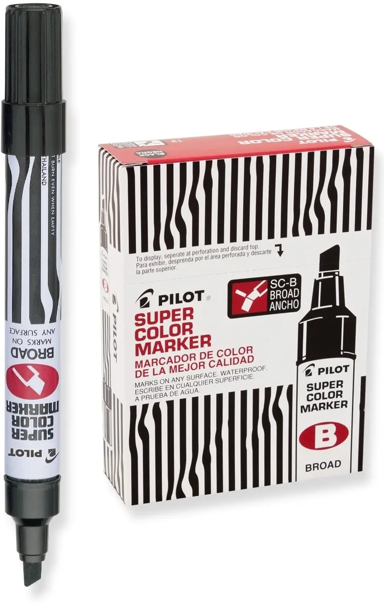 PILOT Super Color Jumbo Refillable Permanent Markers Black 12-Pack | Broad Chisel Tip, Waterproof, Fast-Drying - main product image