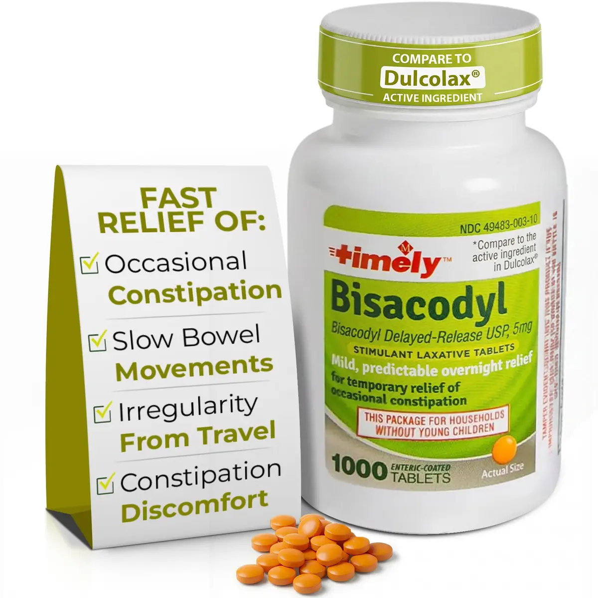 TIME-CAP LABS, INC. Timely Laxative Bisacodyl 5mg Tablets | Overnight Constipation Relief for Adults (1000 Tablets) - main product image