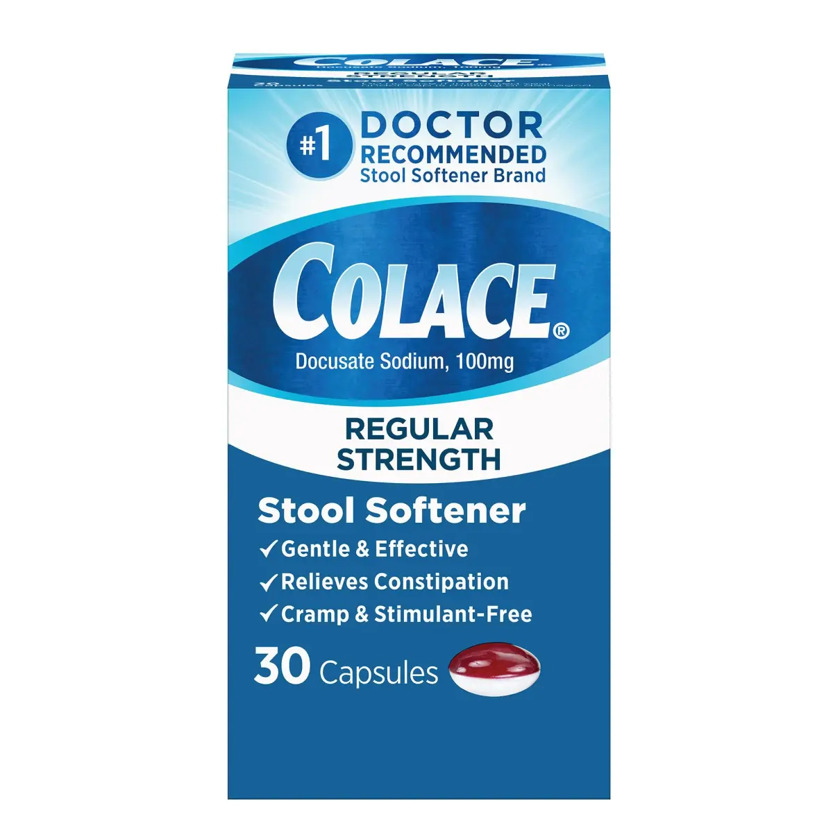 Colace Stool Softener Capsules 30 Count (100 mg) | Gentle Constipation Relief - main product image
