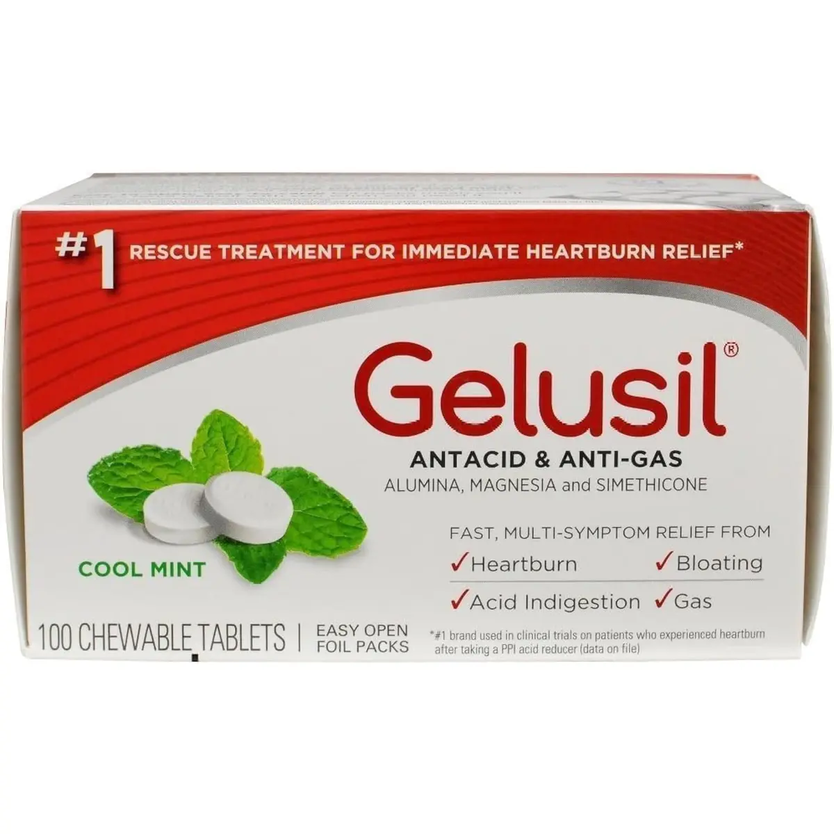 Gelusil Antacid & Anti Gas Tablets for Heartburn Relief, Acid Reflux, Bloating and Gas, Cool Mint - 100ct Blister Pack | Fast Relief & Safe for Night Use - main product image