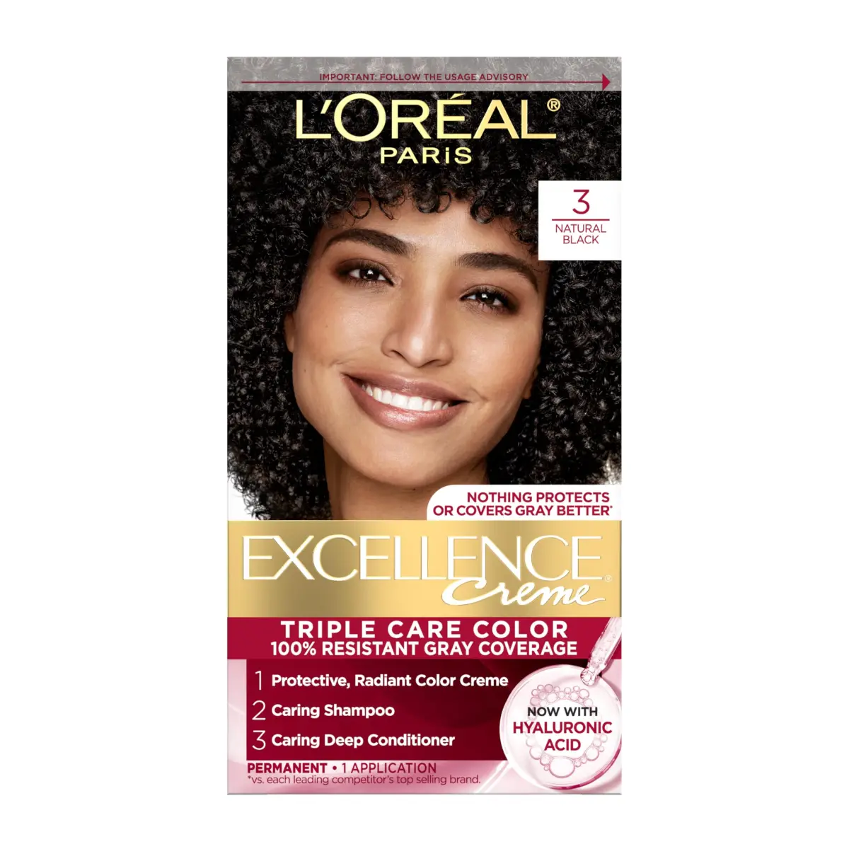 L'Oreal Paris Excellence Crème Permanent Hair Dye 3 Natural Black | Triple Care Color Routine with Hyaluronic Acid for 100% Gray Coverage - main product image