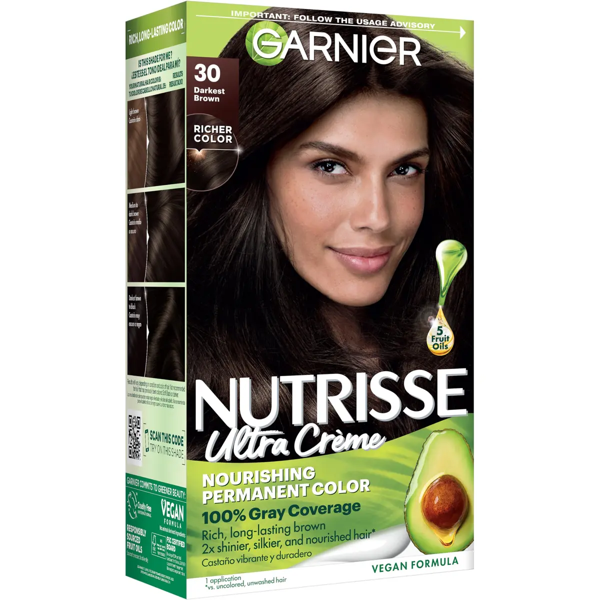 Garnier Nutrisse Ultra Crème Hair Color 30 Darkest Brown | 100% Gray Coverage & Nourishing Fruit Oils - main product image