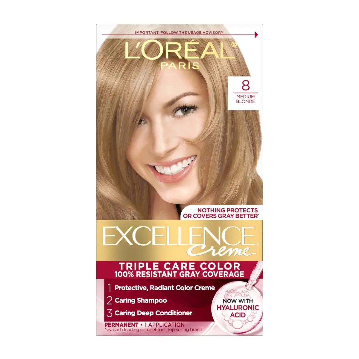 L'Oreal Paris Excellence Crème Permanent Hair Dye Medium Blonde | Triple Care Color with Hyaluronic Acid for 100% Gray Coverage - main product image