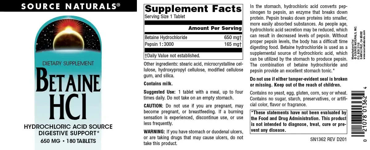 Source Naturals Betaine HCl 650 mg Tablets | Digestive Support with Pepsin (180 Count) - view 4